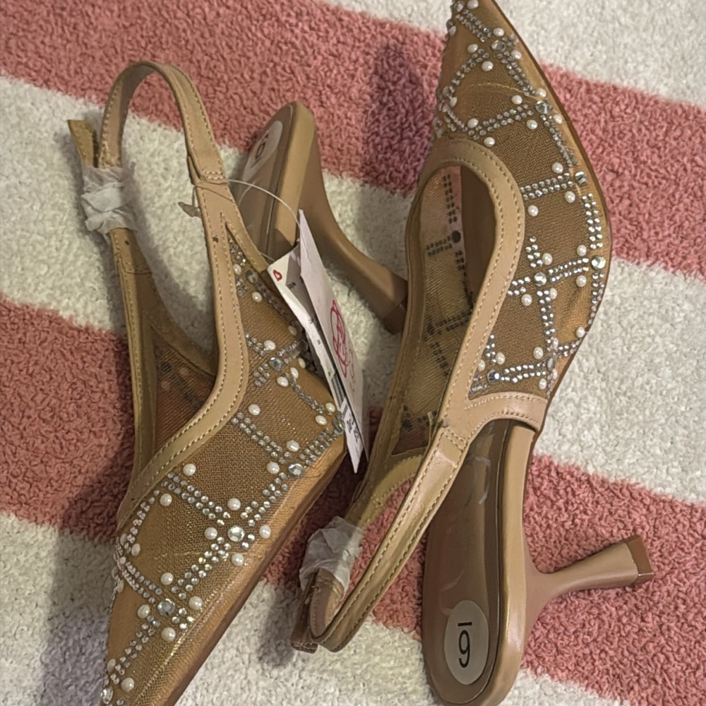 Elegant Tan Slingback Heels with Pearl Detailing